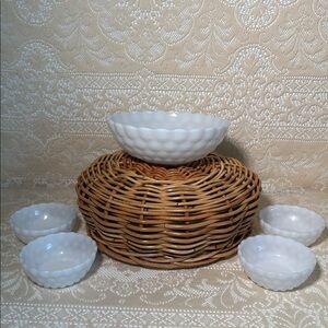 Vintage White Milk glass Serving bowl and 4 mini fruit bowls